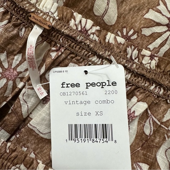 Free People Miss Daisy Top SZ XS Blouson Sleeves Floral Peasant Brown Tan NWT - Picture 2 of 9